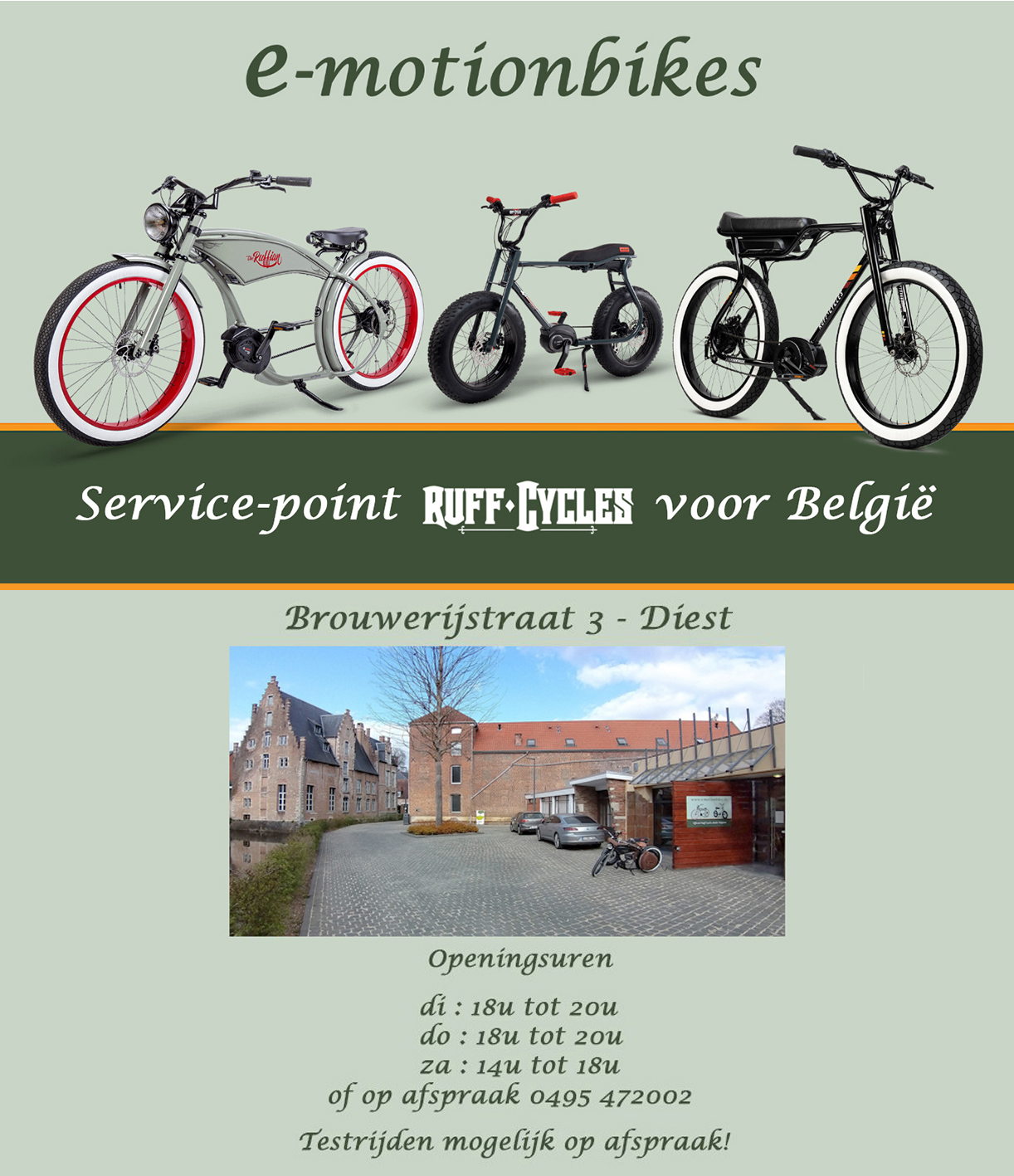 Contact E-motionbikes openingsuren Service-point Ruff Cycles in België